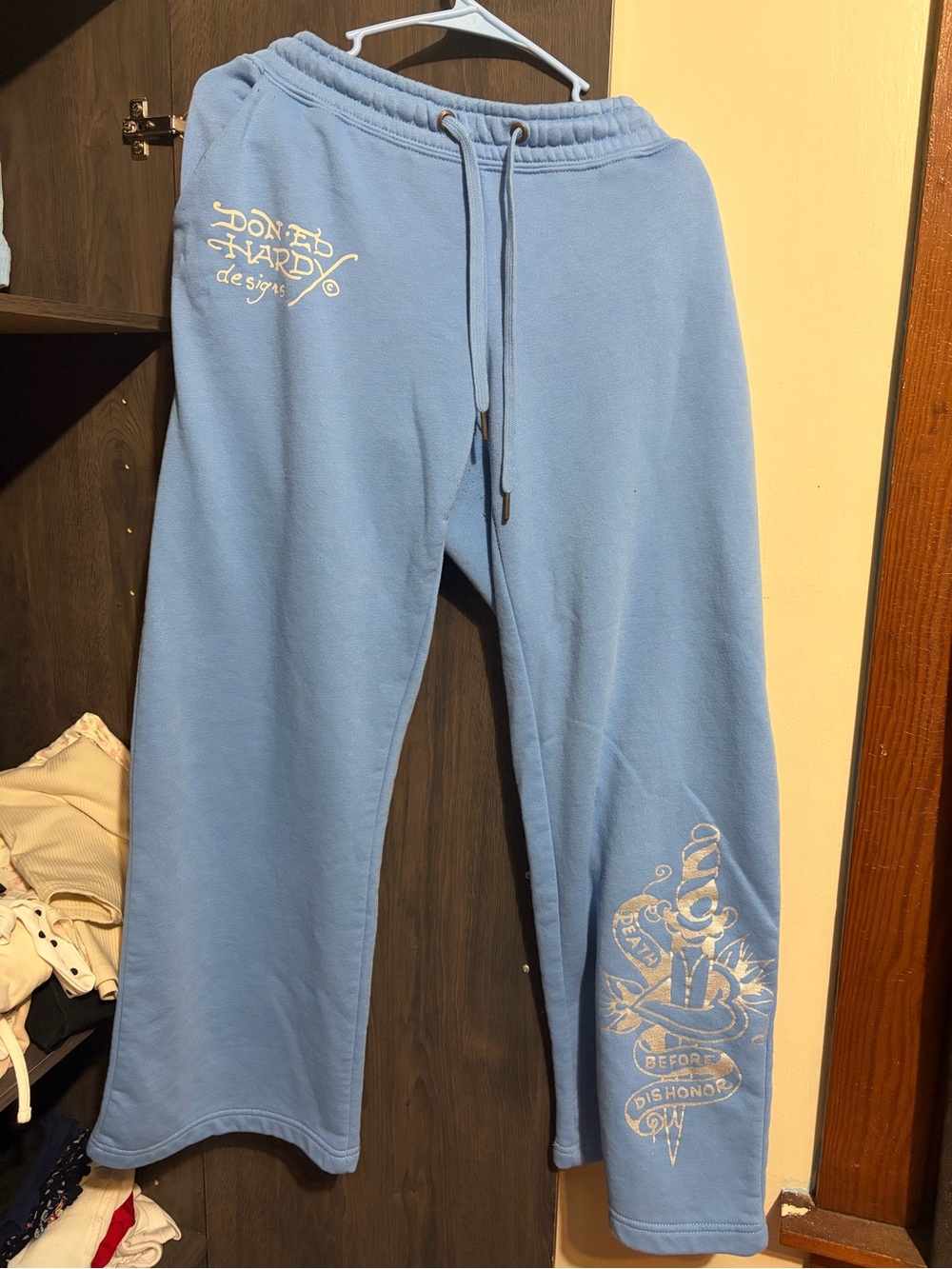 Ed Hardy Sky Blue Logo Sweatpants with Script & Graphic